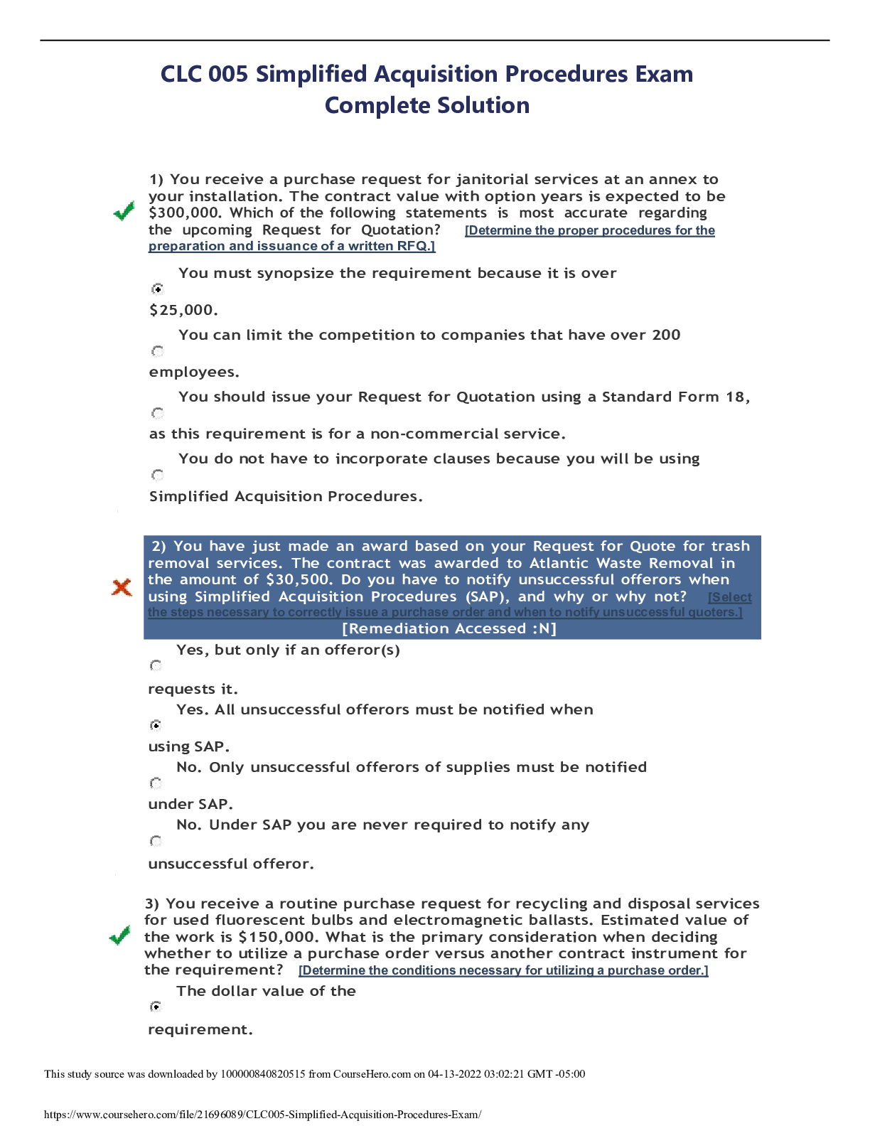 Preview of CLC 005 Simplified Acquisition Procedures Exam Complete Solution